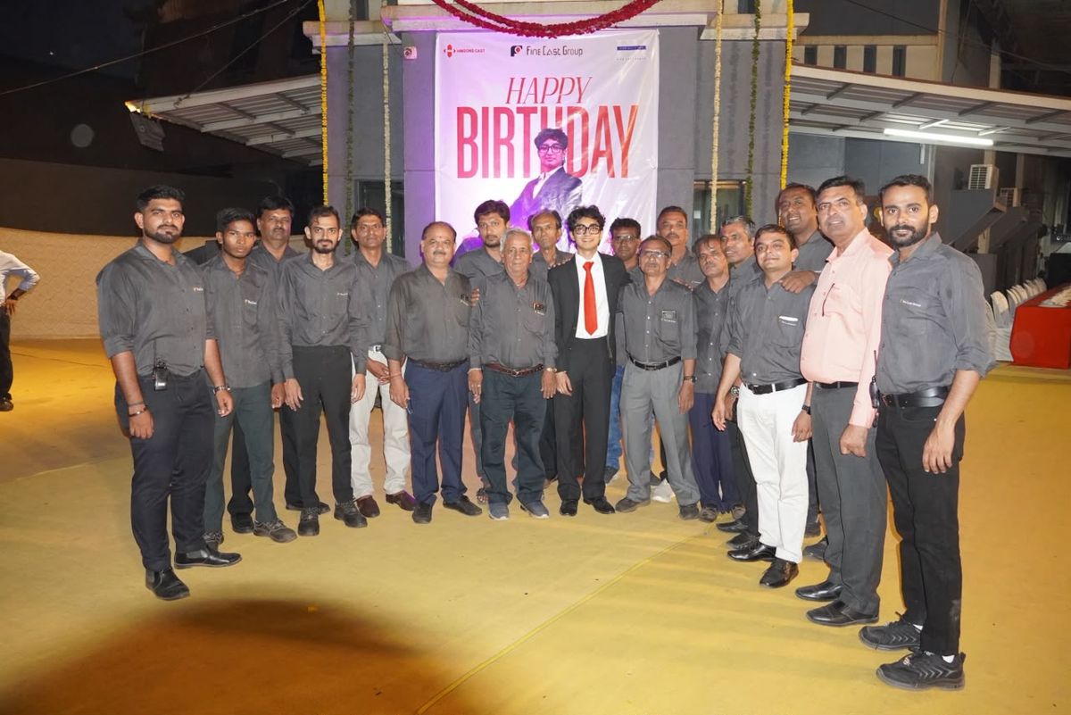 Swayam J. Shah celebrating his 21st birthday with the Fine Cast foundry team and staff